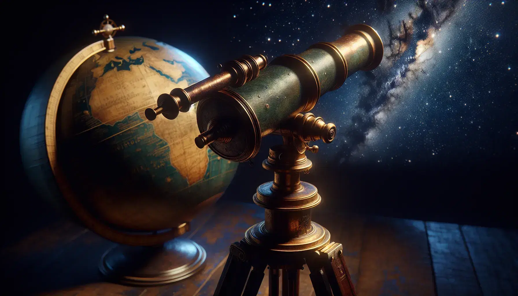 Telescopio antico in bronzo su treppiede di legno con sfondo di cielo stellato e globo terrestre ombreggiato.