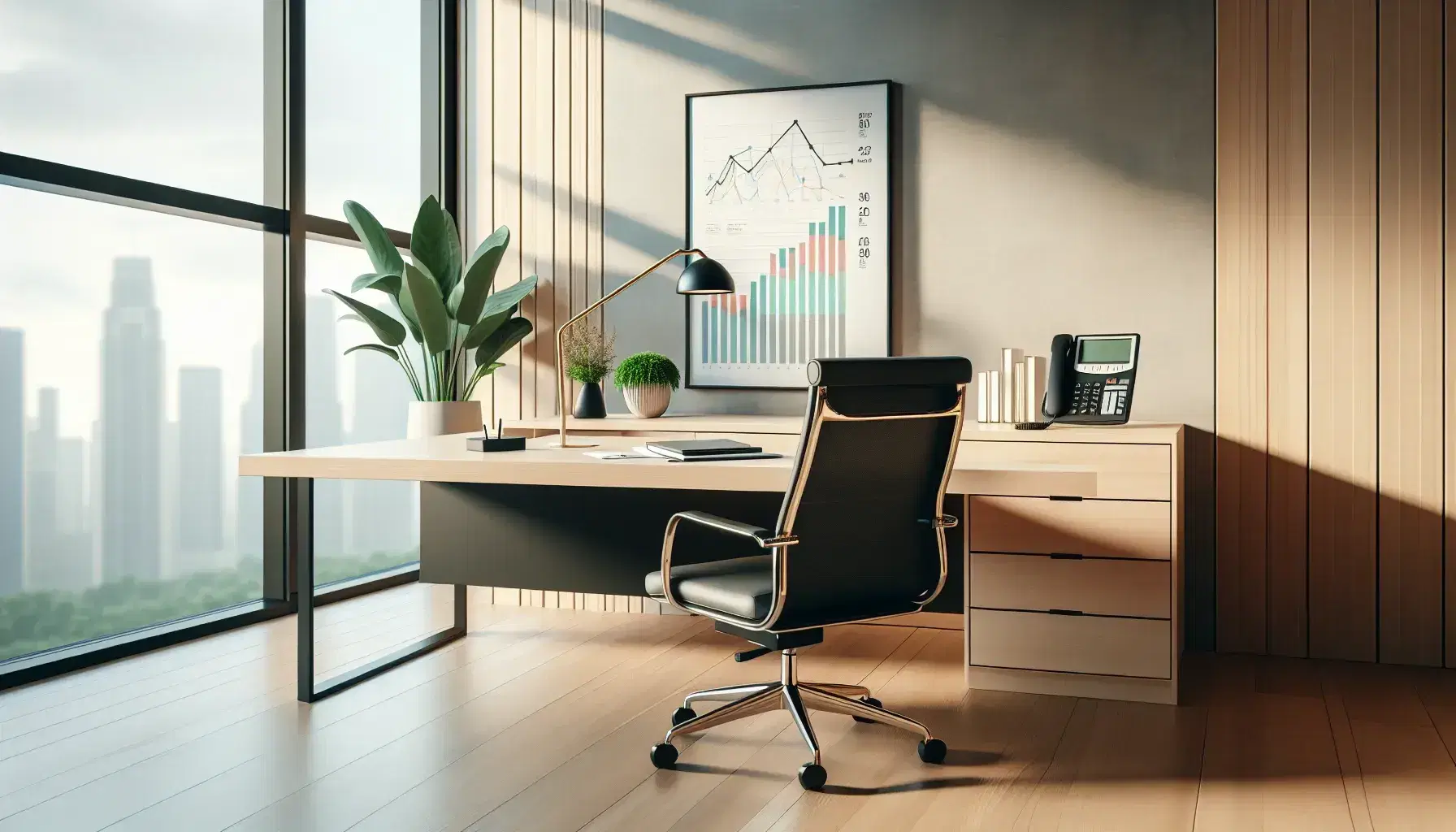 Oficina moderna iluminada con grandes ventanas, escritorio de madera con calculadora y gráficos, teléfono y silla ejecutiva de cuero negro.