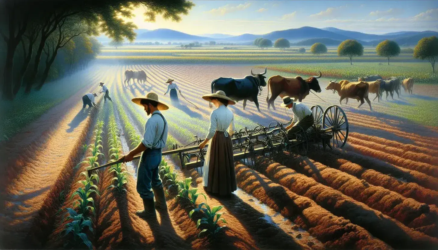 Campesinos recolectando maíz y arando la tierra con bueyes en un campo agrícola, con montañas al fondo y un cielo azul claro.