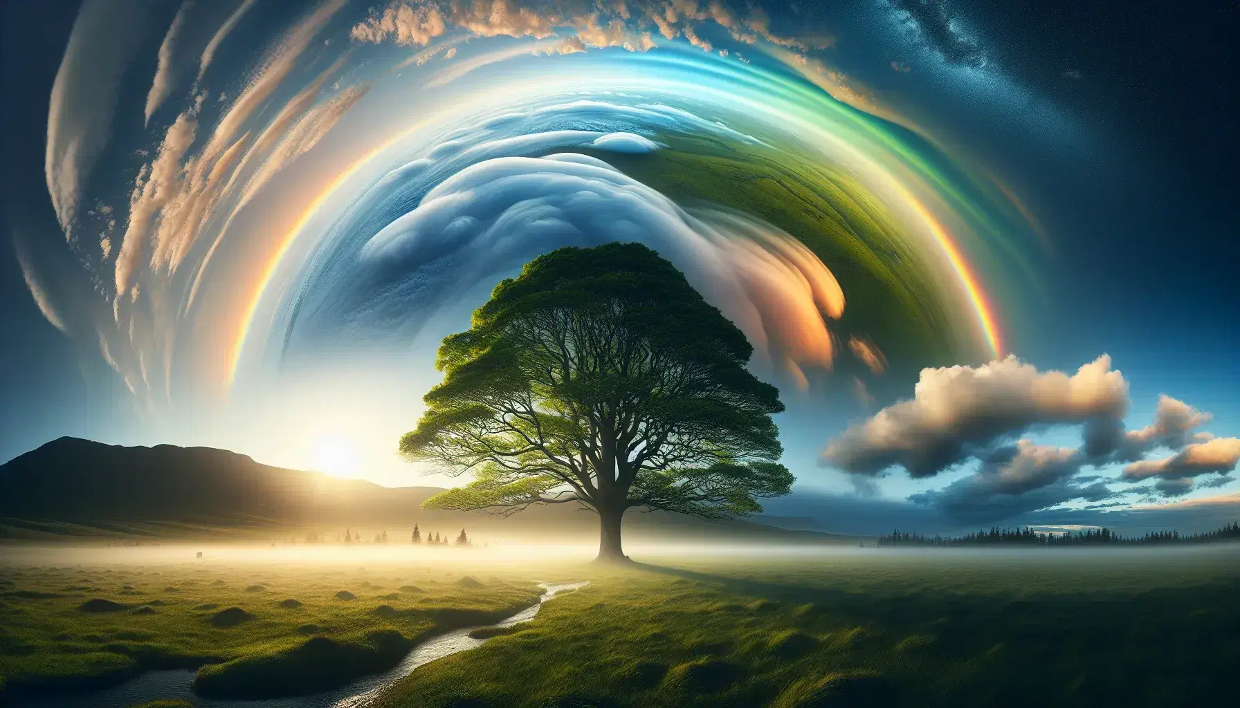 Paesaggio aperto con albero solitario, arcobaleno vivace, nuvole illuminate dal sole e montagne in lontananza.