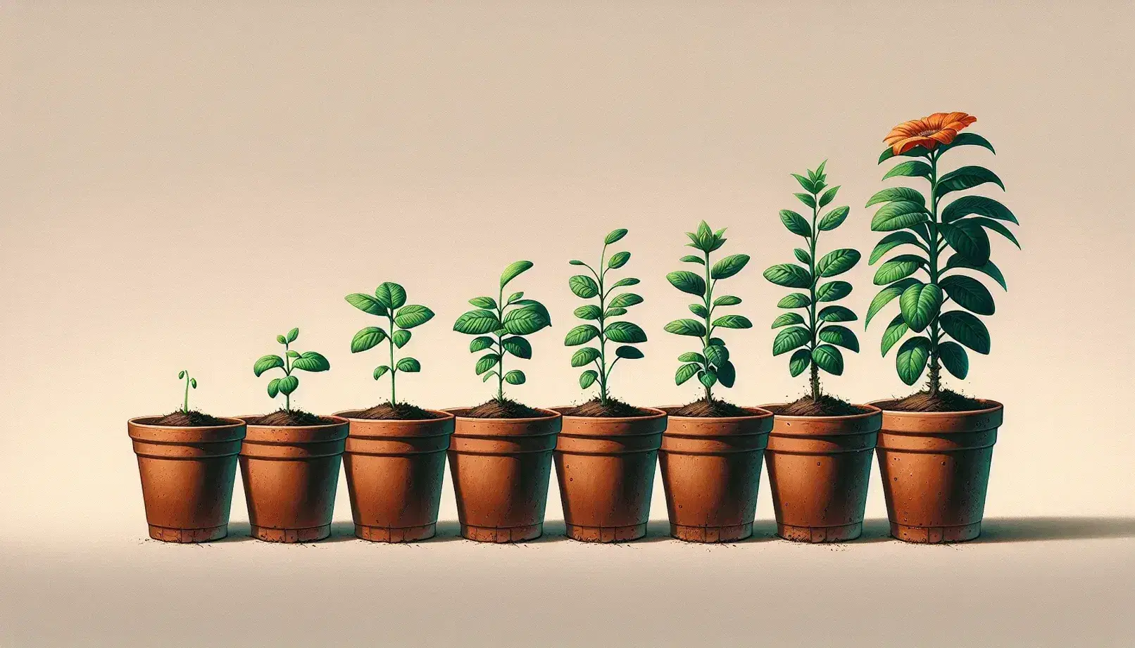 Progressive growth stages of a flowering plant in terracotta pots, from sprout to bloom, against a light background with soft shadows.