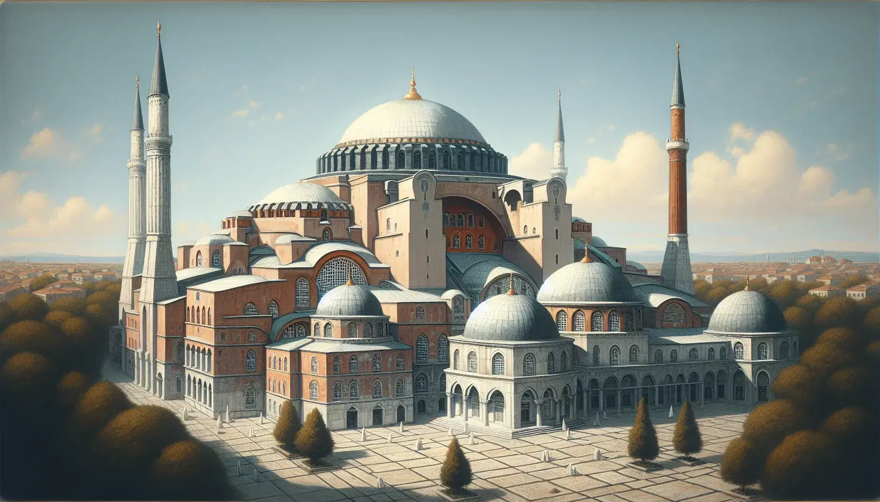 Vista esterna della Basilica di Hagia Sophia a Costantinopoli con cupola centrale grigia, semi-cupole, minareti affusolati e cortile con alberi.