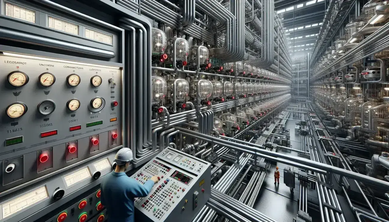 Vista de un entorno industrial con tuberías metálicas, válvulas rojas, medidores y dispositivos electrónicos, y un trabajador ante un panel de control.
