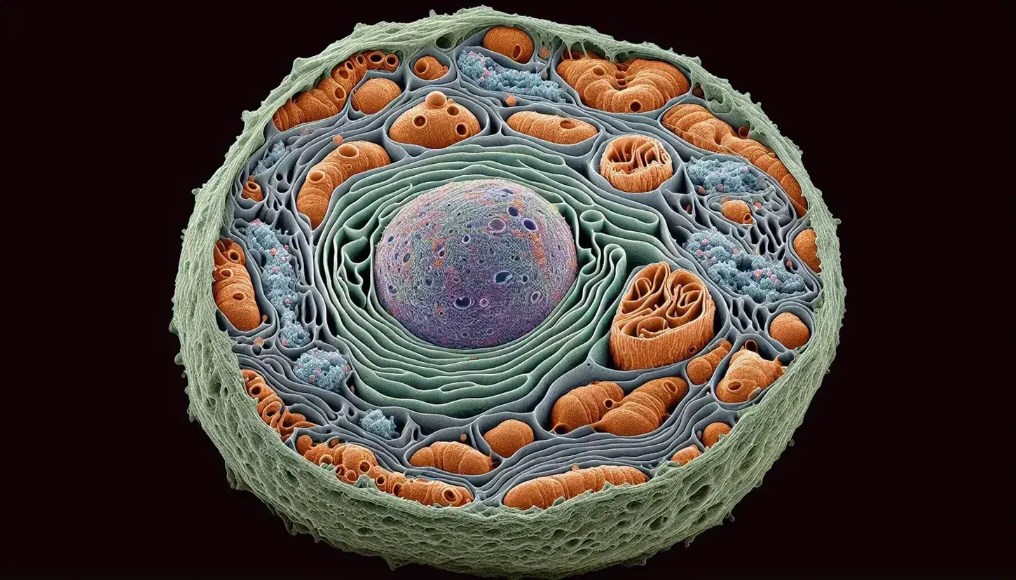 Micrografía electrónica de célula eucariota con núcleo, nucleolo, mitocondrias, retículo endoplásmico rugoso y vesículas fusionándose con la membrana plasmática.