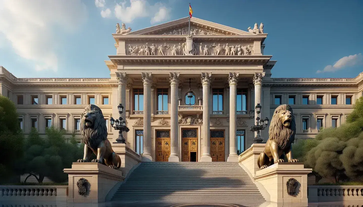Neoclassical Spanish Parliament building entrance flanked by bronze lions under a blue sky, with Corinthian columns and a draped Spanish flag.