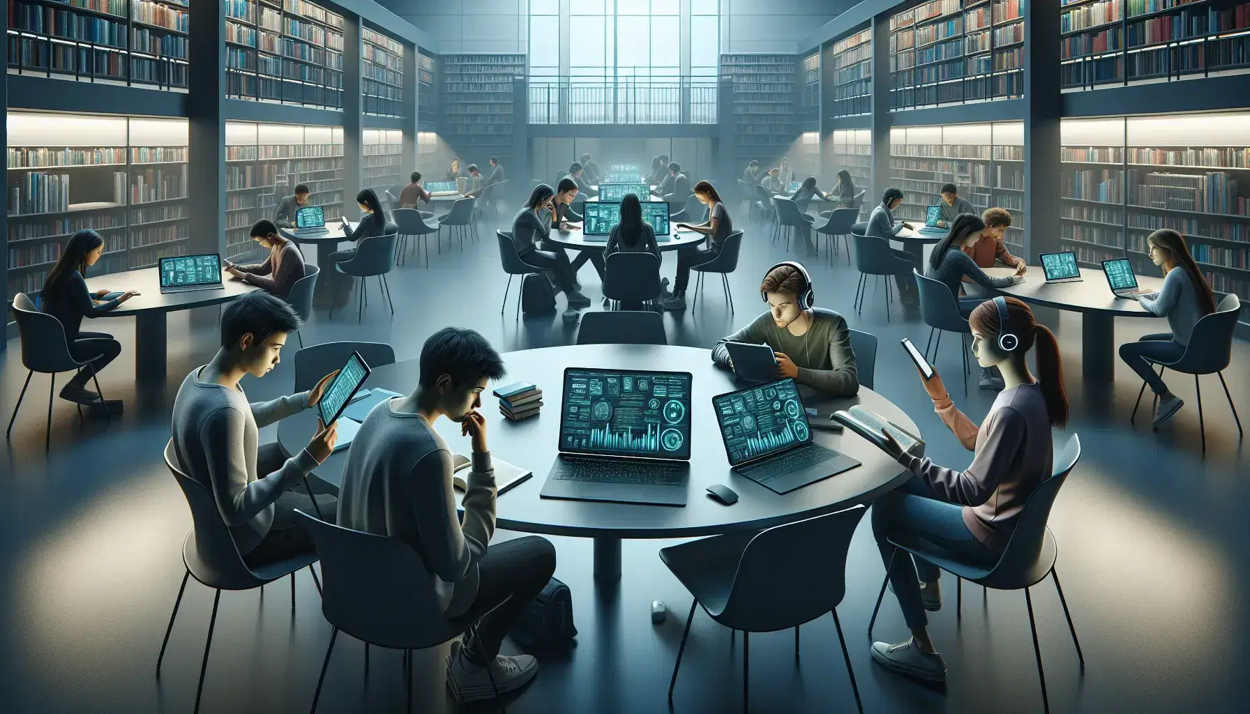 Estudiantes de diversas edades estudiando en biblioteca moderna con tablets, laptop y libros, rodeados de estanterías y luz natural.