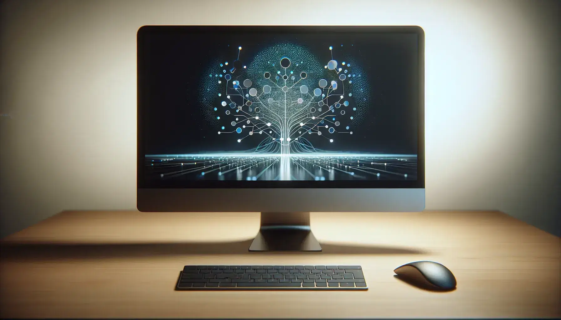 Modern desk with monitor showing stylized tree structure, gray gradient keyboard and black mouse, in bright blurred environment.