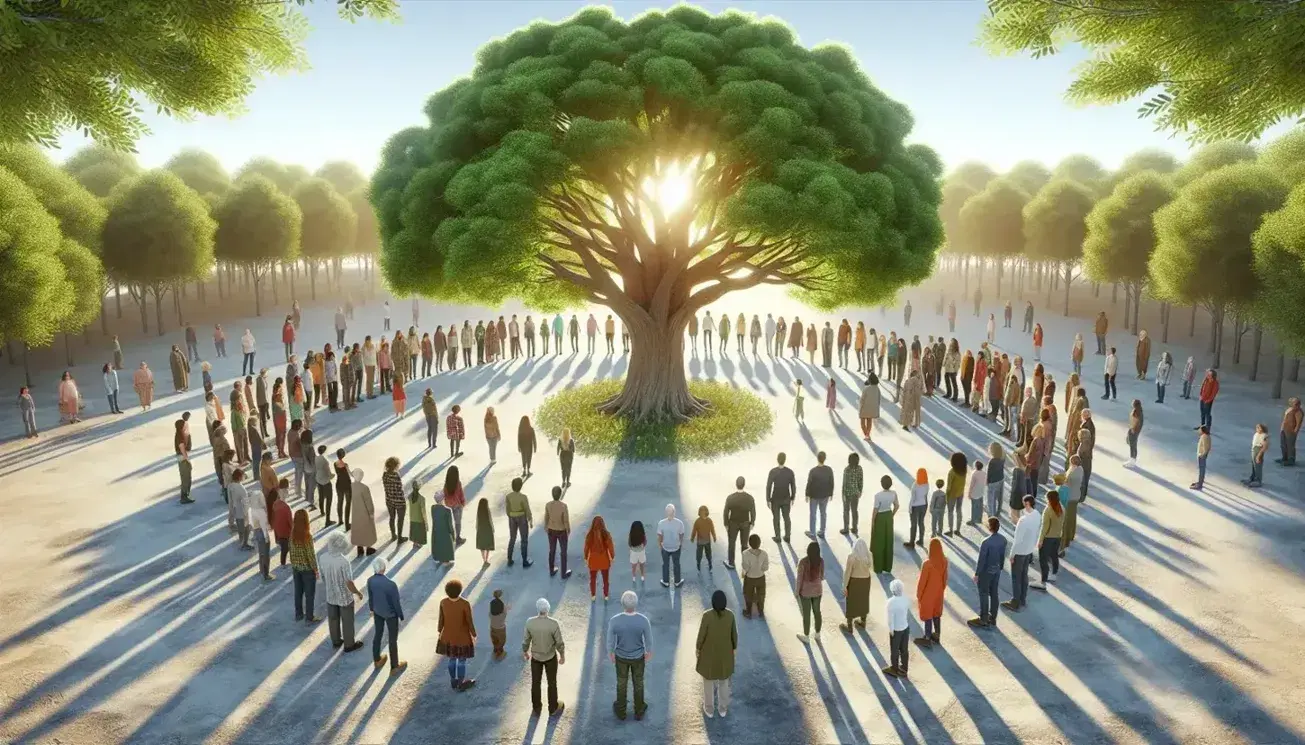 Grupo diverso de personas en círculo alrededor de un árbol frondoso bajo la luz del sol, reflejando serenidad y conexión en un espacio abierto.