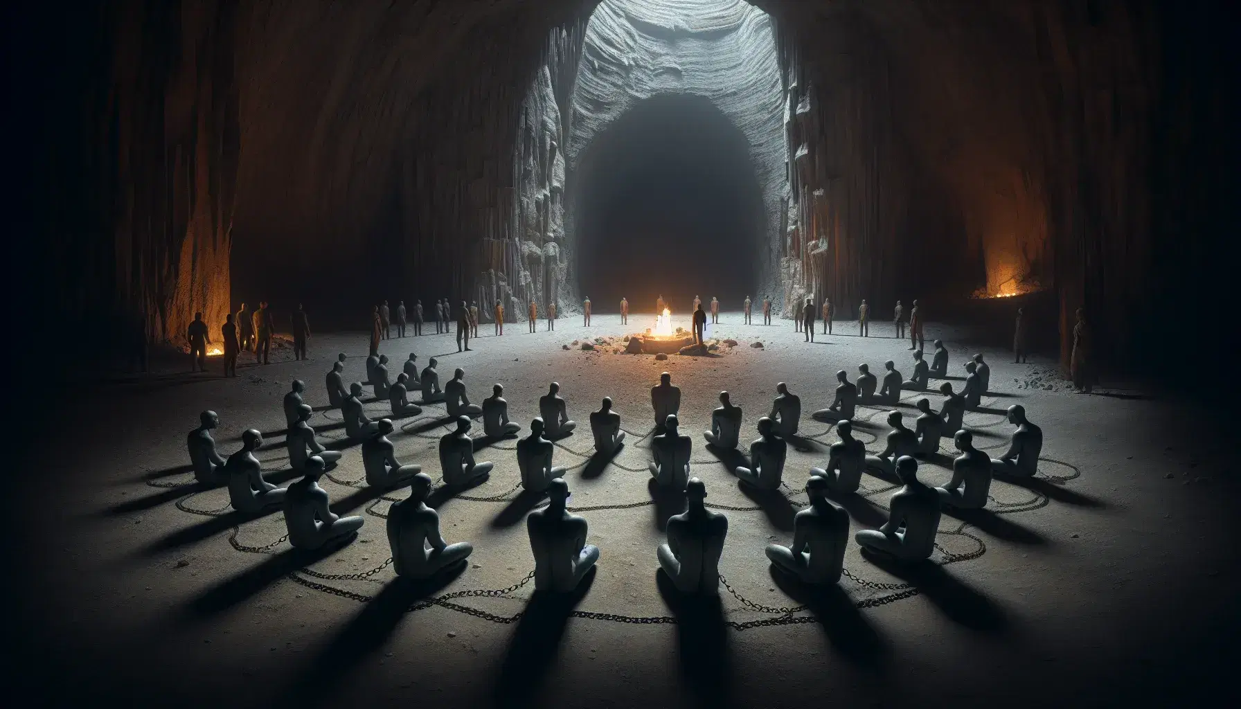Caverna sombría con figuras humanas encadenadas observando sombras en la pared, fuego en el fondo y entrada iluminada al fondo.