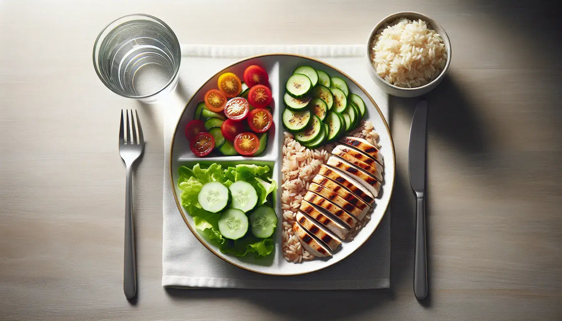 Balanced plate with green salad, cherry tomatoes, cucumbers, grilled chicken breast and brown rice, cutlery on white napkin and glass of water on wooden table.