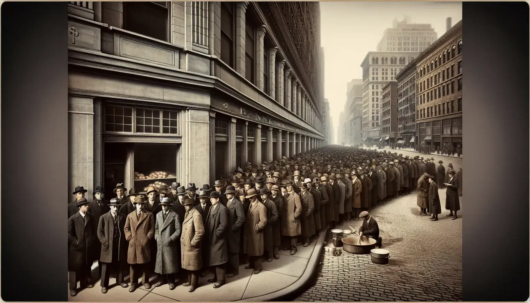 1930s street scene during the Great Depression with men in period clothing in front of a closed bank and people lining up for bread.
