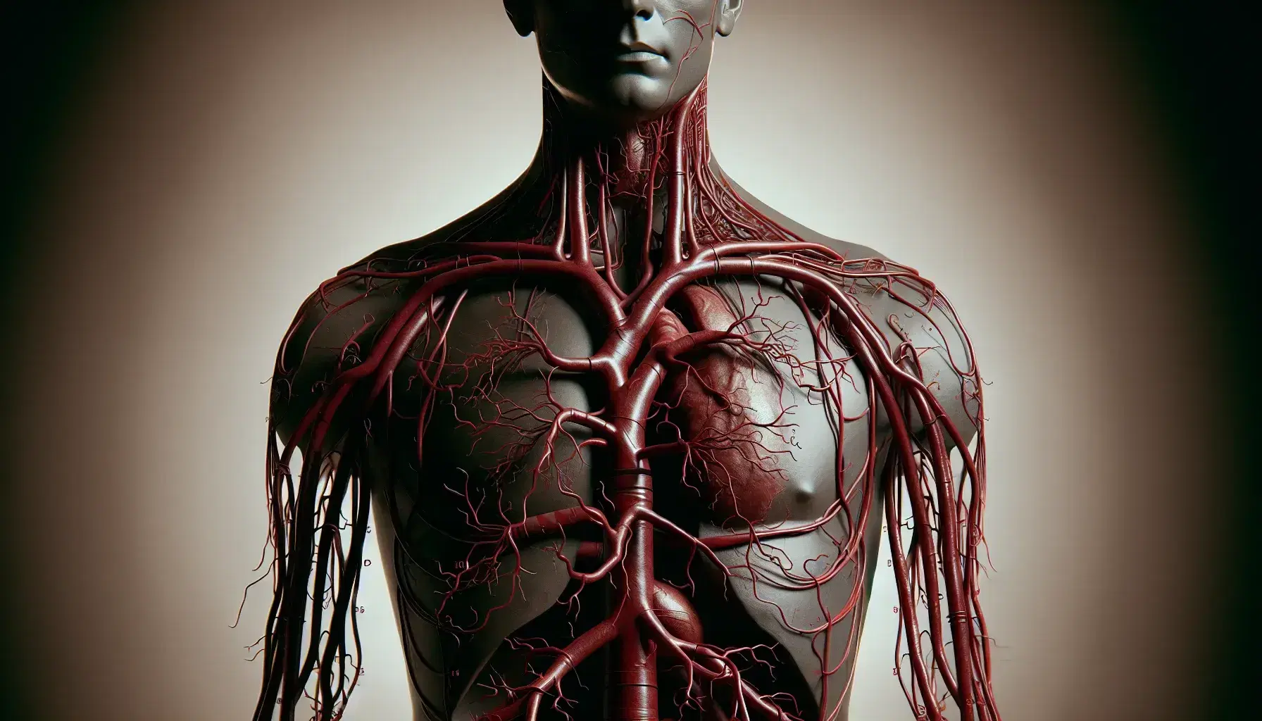 Modello anatomico dettagliato del sistema venoso umano con enfasi sulla vena cava superiore e vena azygos su sfondo neutro.