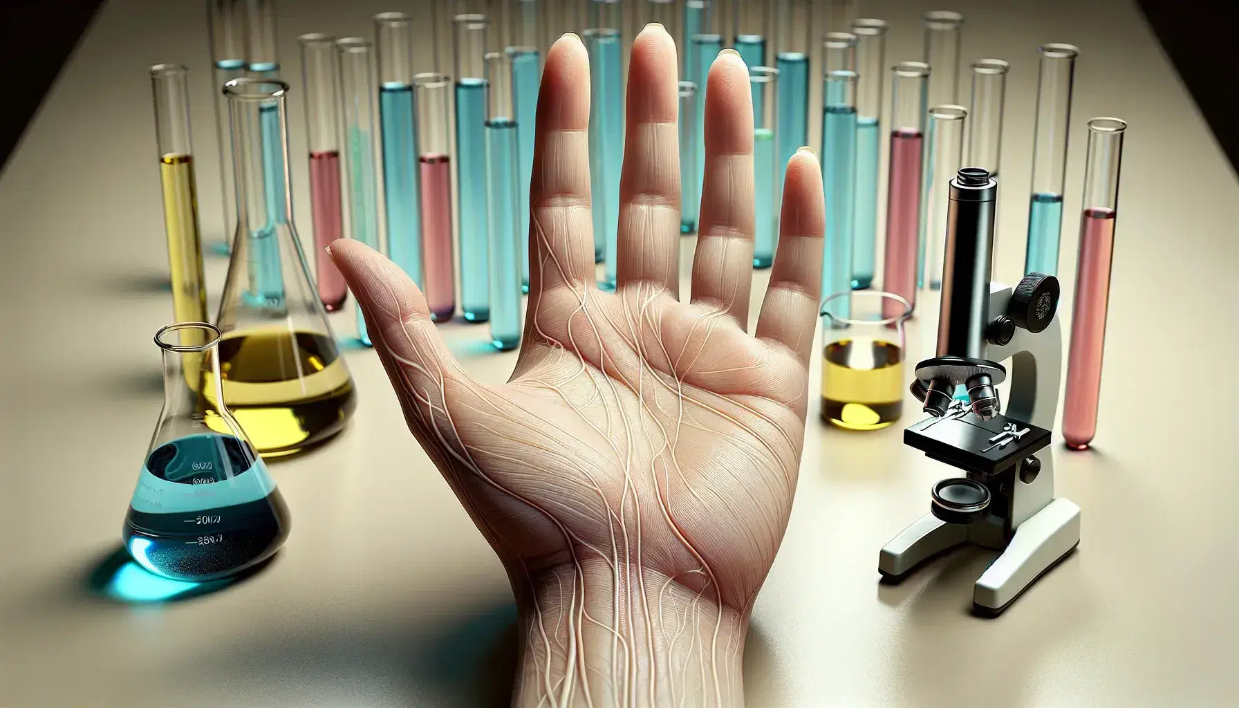 Mano umana aperta con linee della vita visibili, provette colorate su tavolo da laboratorio e microscopio moderno in sfondo.