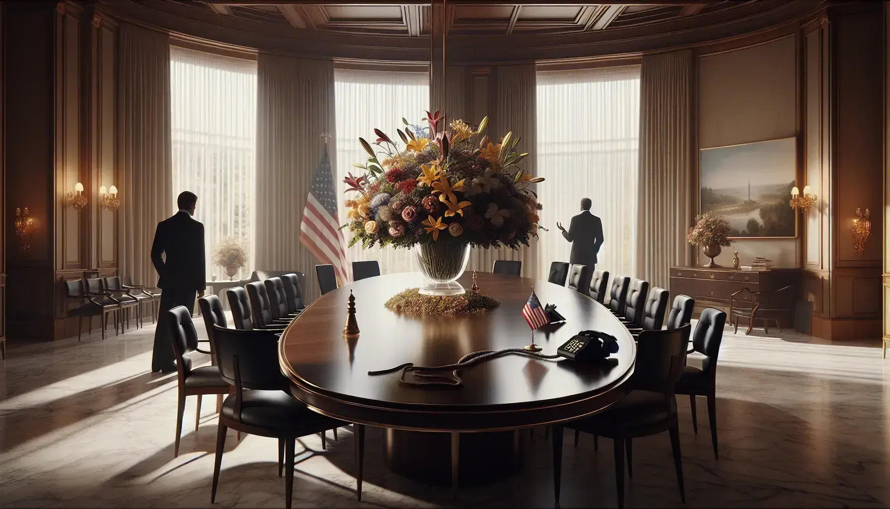 Sala de reuniones elegante con mesa ovalada de madera oscura, sillas de cuero negro, arreglo floral colorido y dos personas conversando formalmente.