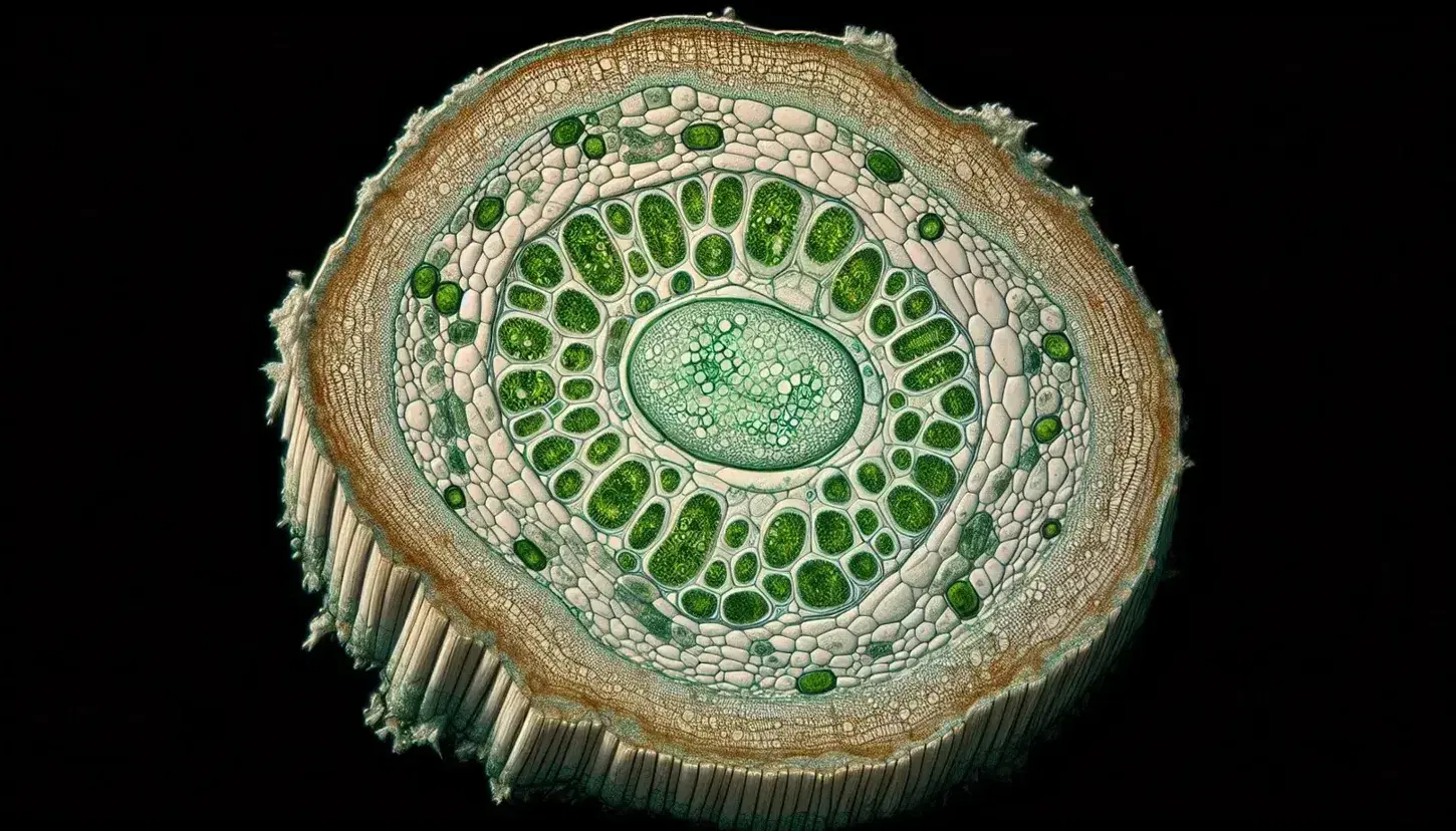 Microscopic cross section of a plant stem showing central vacuoles, green chloroplasts and thick cell walls.
