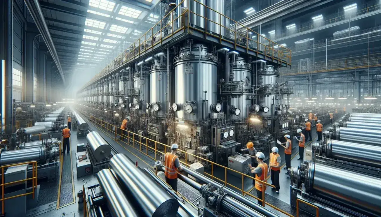 Industrial floor with metallic cylindrical machinery, workers with orange helmets, reflective belts and conveyor belts above.