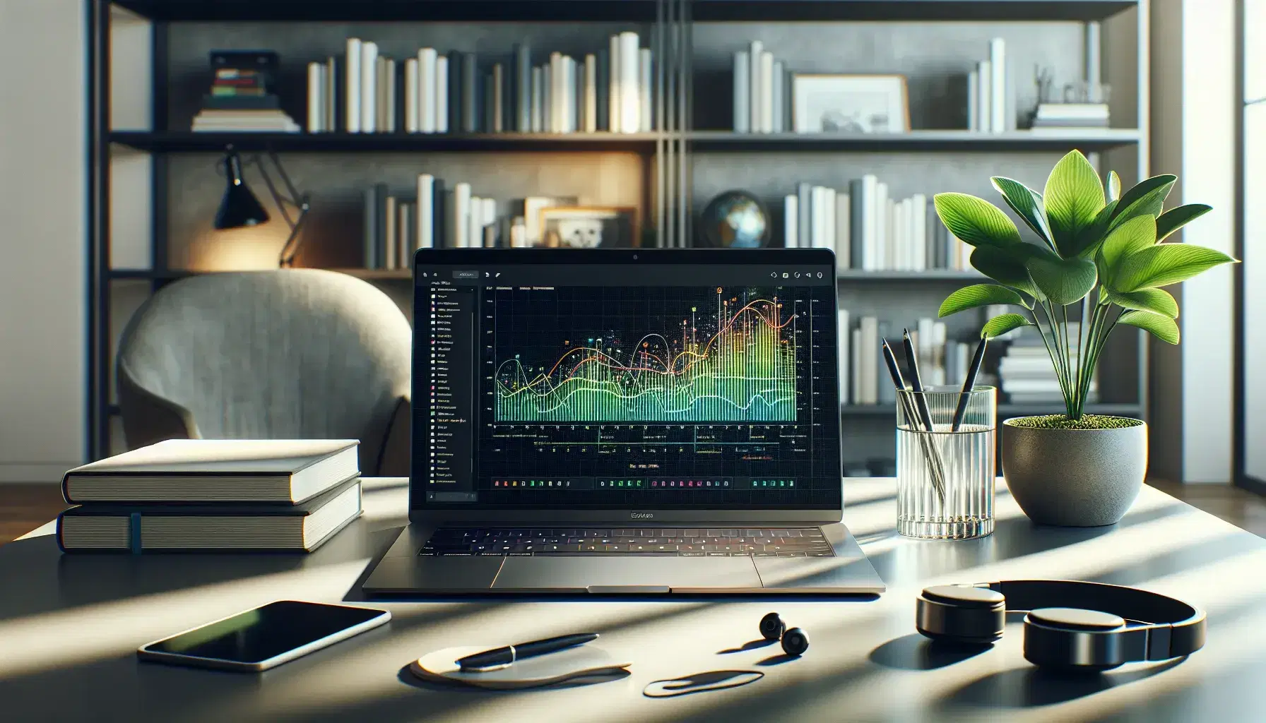 Modern minimalist desk with open laptop showing colorful graph, green plant, black headphones and glass of water, background with blurred bookcase.
