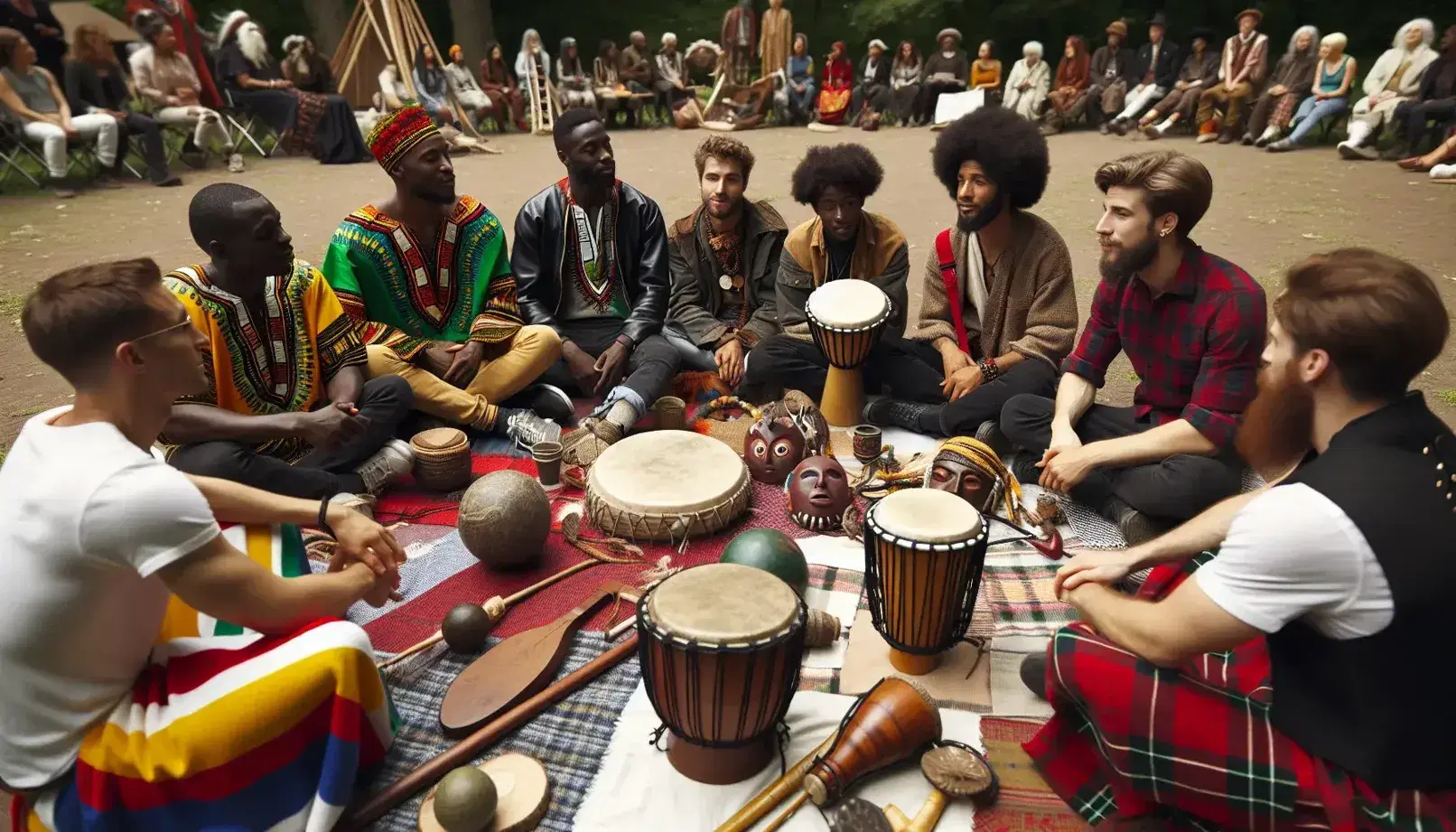 Outdoor gathering of multicultural people sitting in a circle with cultural artifacts, including woven basket, wooden mask and musical instruments.