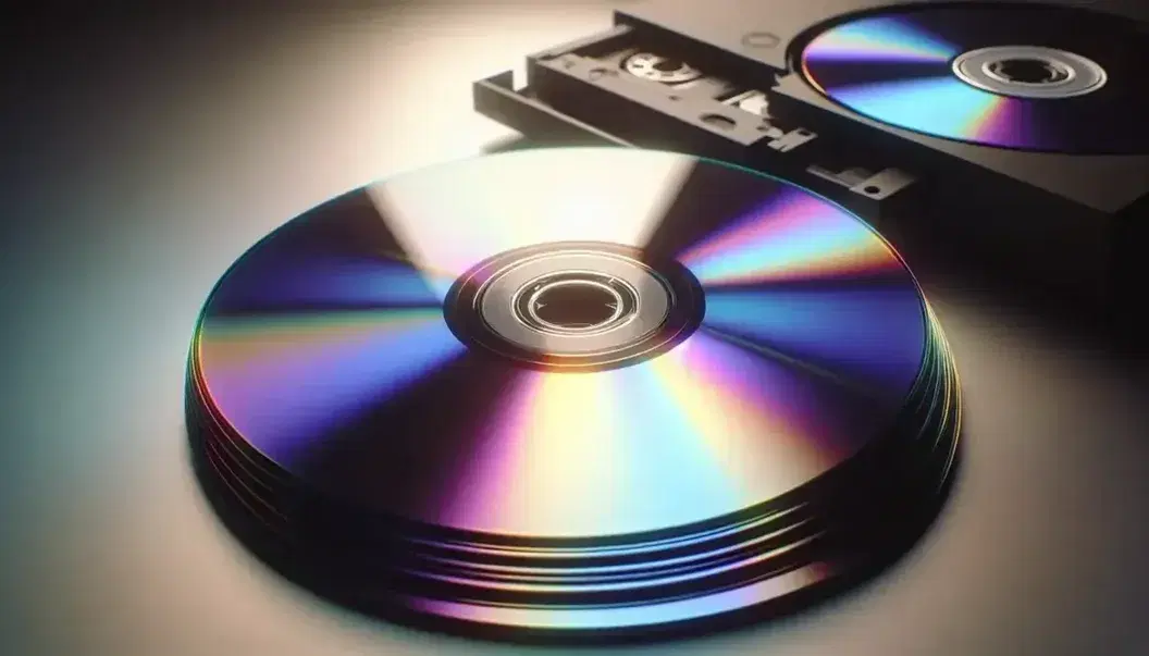 Horizontal stack of reflective multicolored optical discs with aligned center holes, next to an open CD player on gradient background.