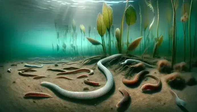 Ambiente acquatico naturale con verme schistosoma al centro, annelidi sul fondo sabbioso e piante acquatiche verdi sullo sfondo.