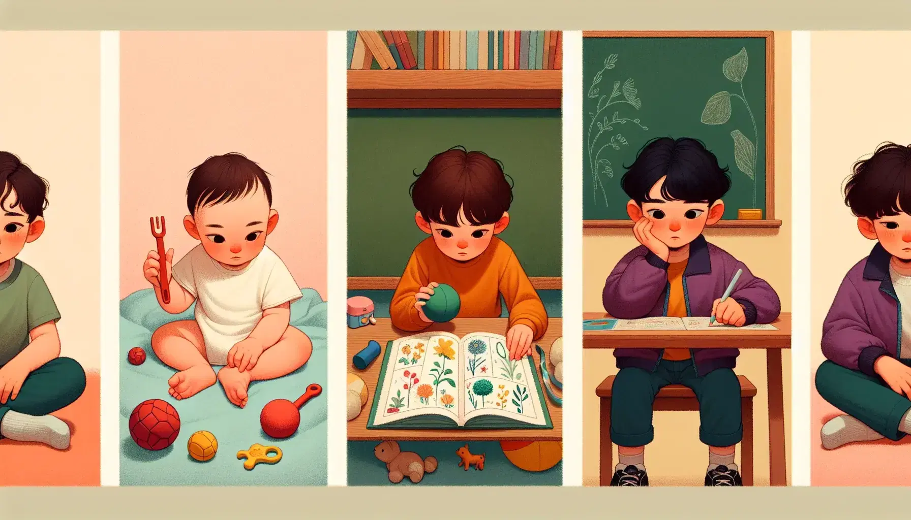 Triptych showing human evolution: newborn with colorful objects, child reading on desk, teenager thoughtful in front of empty blackboard.