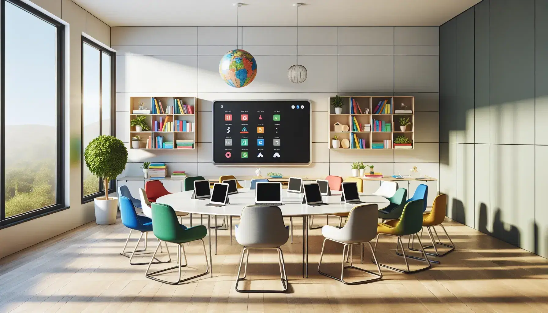 Aula moderna y luminosa con mesa redonda, sillas ergonómicas de colores, tabletas digitales, pizarra interactiva, planta verde y estantería con libros y objetos educativos.