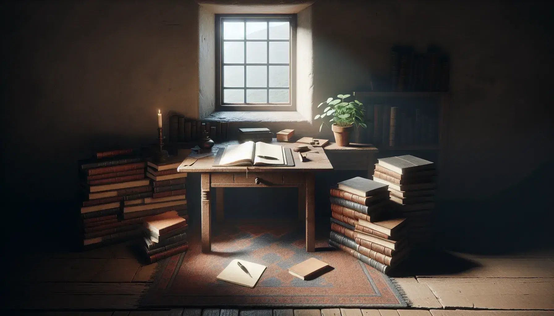 Cozy writer's nook with sunlight streaming through a window onto a wooden desk, blank notebook, fountain pen, and a shelf of unmarked books.
