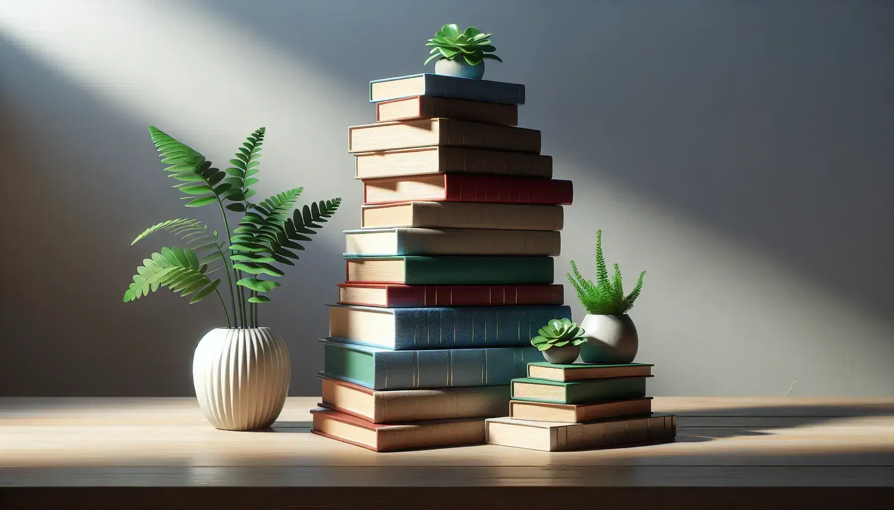 Libros apilados en forma de escalera con colores variados sobre mesa de madera clara junto a planta verde en maceta blanca, iluminados por luz natural.