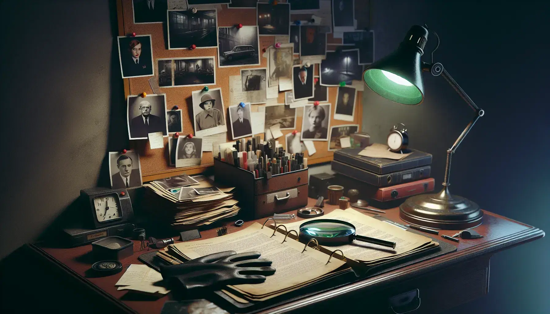 Messy desk of an investigator with open file, magnifying glass, photos on bulletin board, vintage lamp and leather gloves.