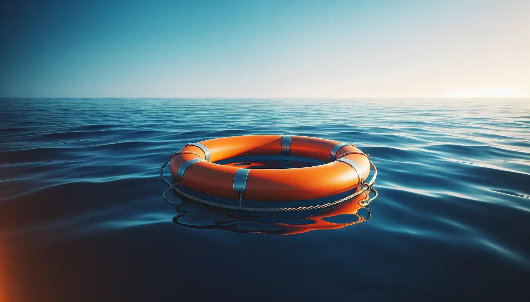 Salvagente arancione galleggiante sulle acque calme e blu scuro del Mediterraneo, con riflessi solari e orizzonte netto.