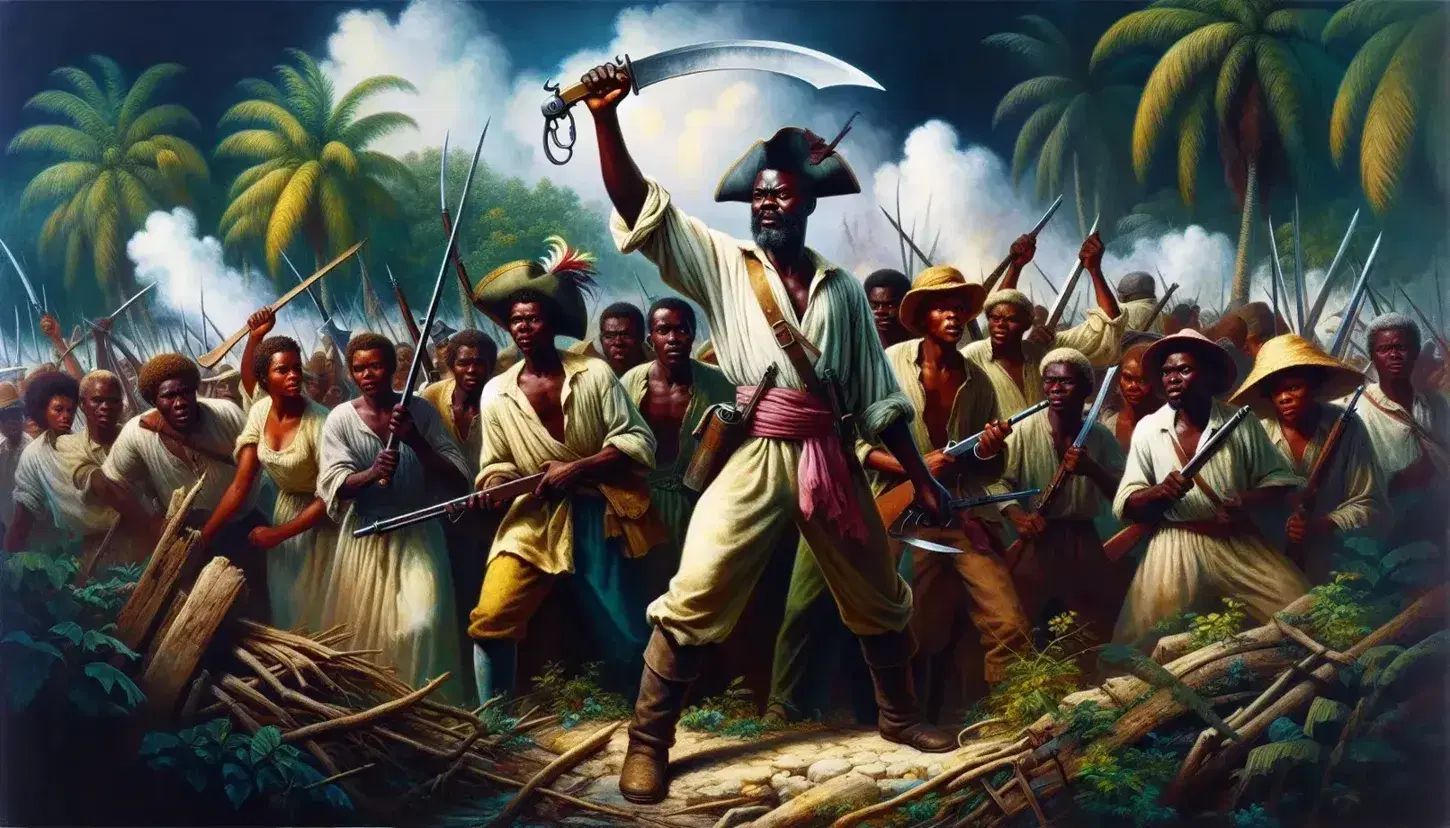 Haitian Revolution scene with diverse fighters, some wielding farming tools and others with firearms, amid a fiery tropical backdrop.