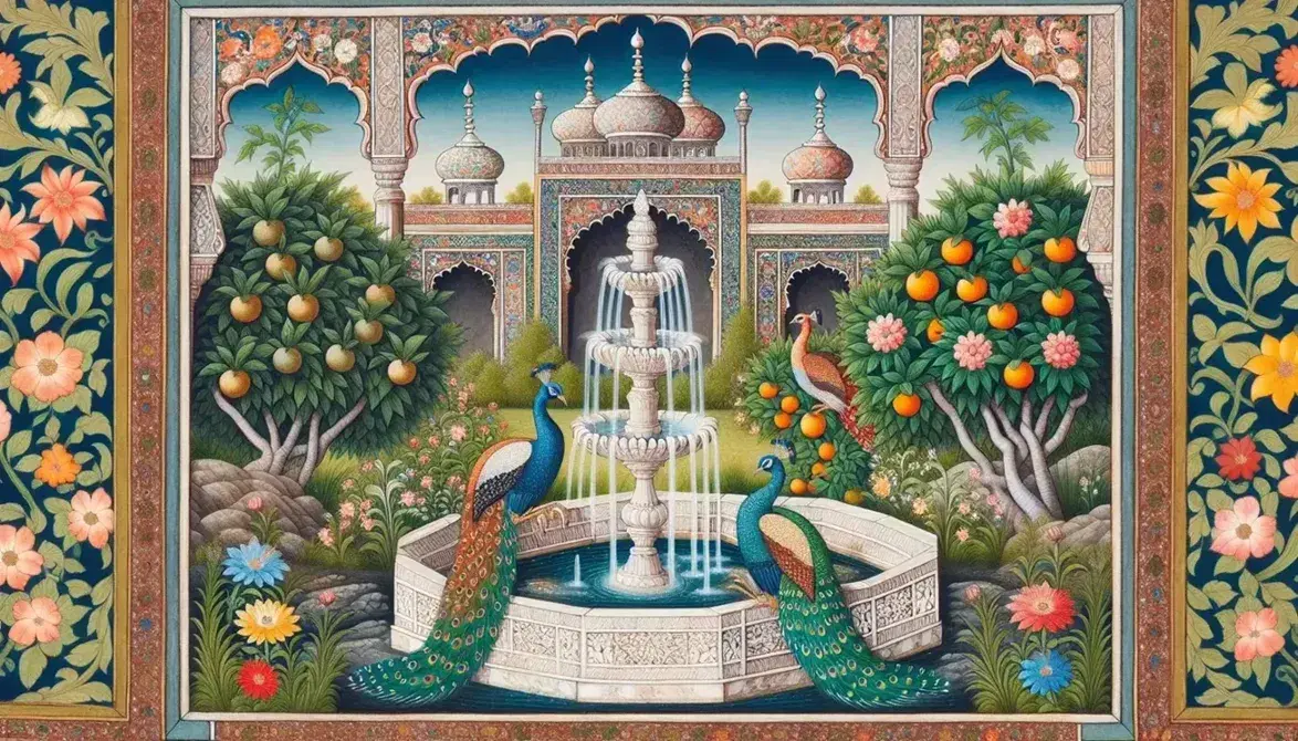 Mughal miniature painting depicting peacocks on a marble fountain in a vibrant garden with a palace backdrop, showcasing intricate floral and geometric designs.