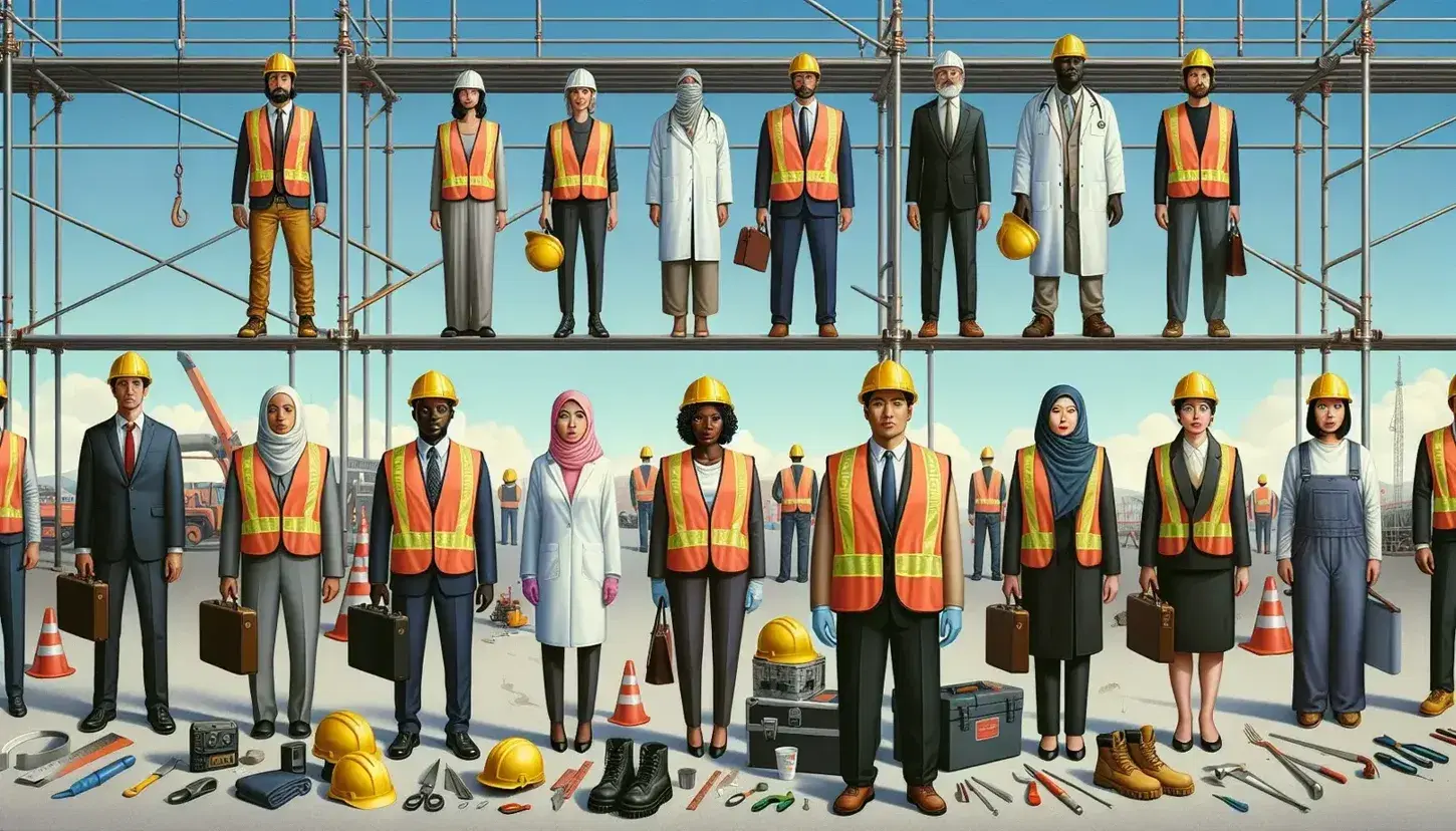 Equipo diverso de trabajadores con cascos y chalecos reflectantes junto a profesional en bata blanca y otro en traje formal en obra de construcción.