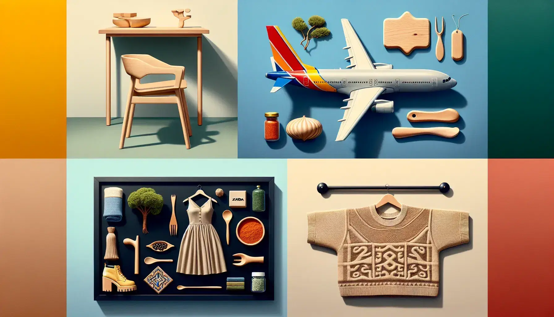 Composición equilibrada con mueble de madera al estilo IKEA, prenda de Zara en perchero, modelo de avión de Southwest Airlines y artesanías representando mercados nicho.