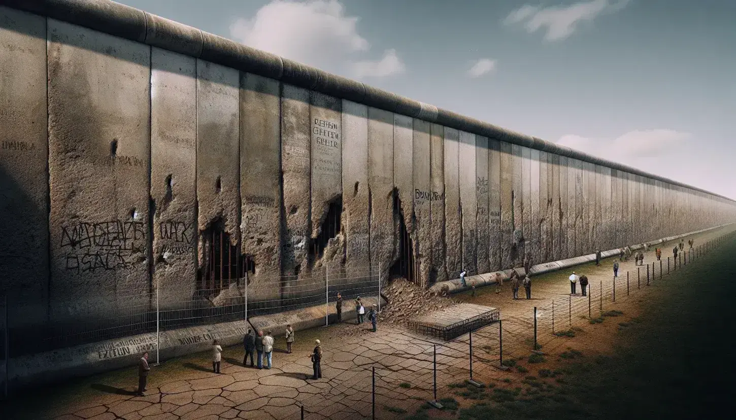 Segmento del Muro di Berlino con rinforzi metallici visibili, turisti in ascolto di una guida e cielo azzurro sopra.