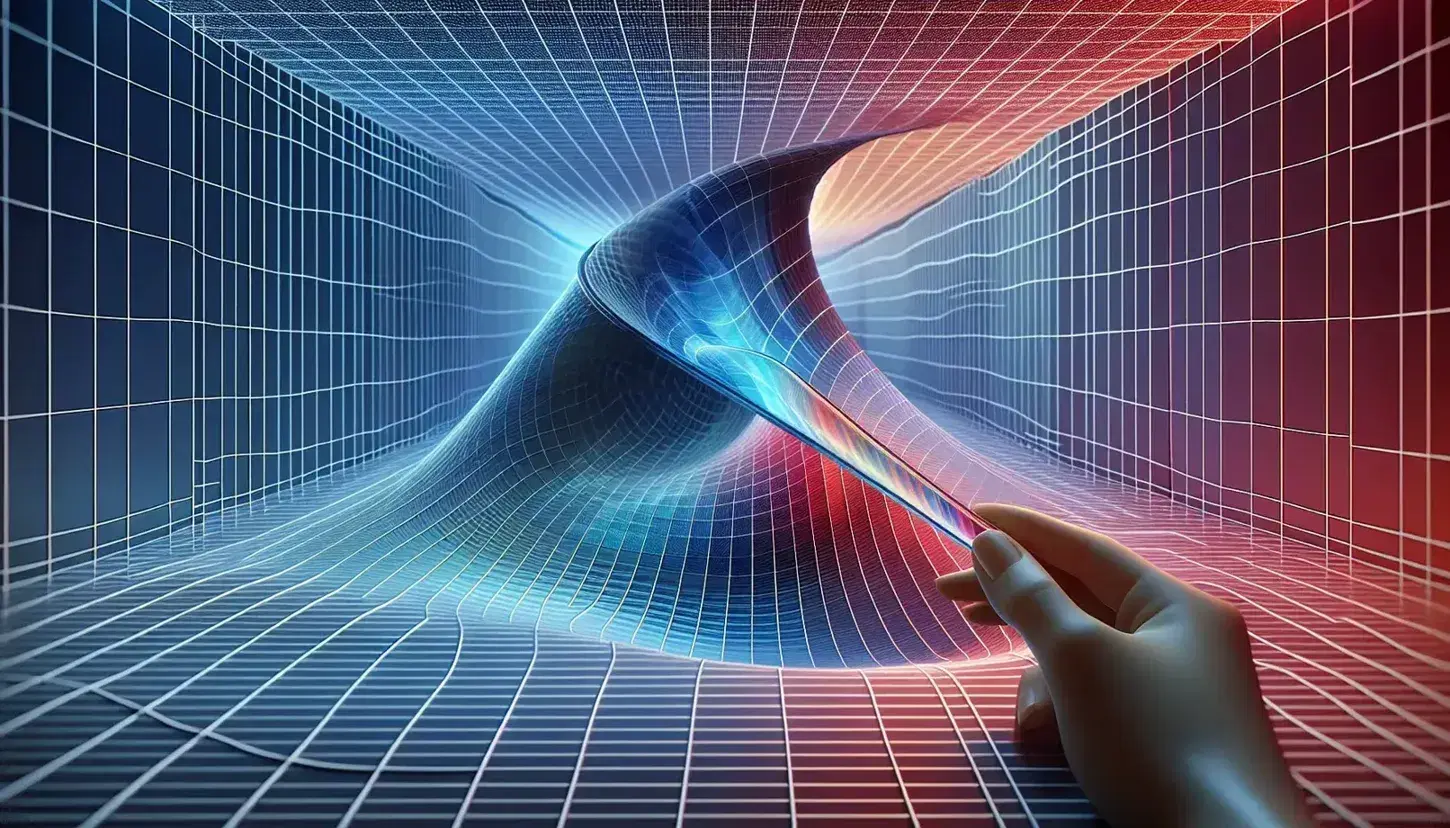 A hand holds a transparent rod intersecting a color-gradient path in a 3D grid space, suggesting a data visualization in a natural setting.