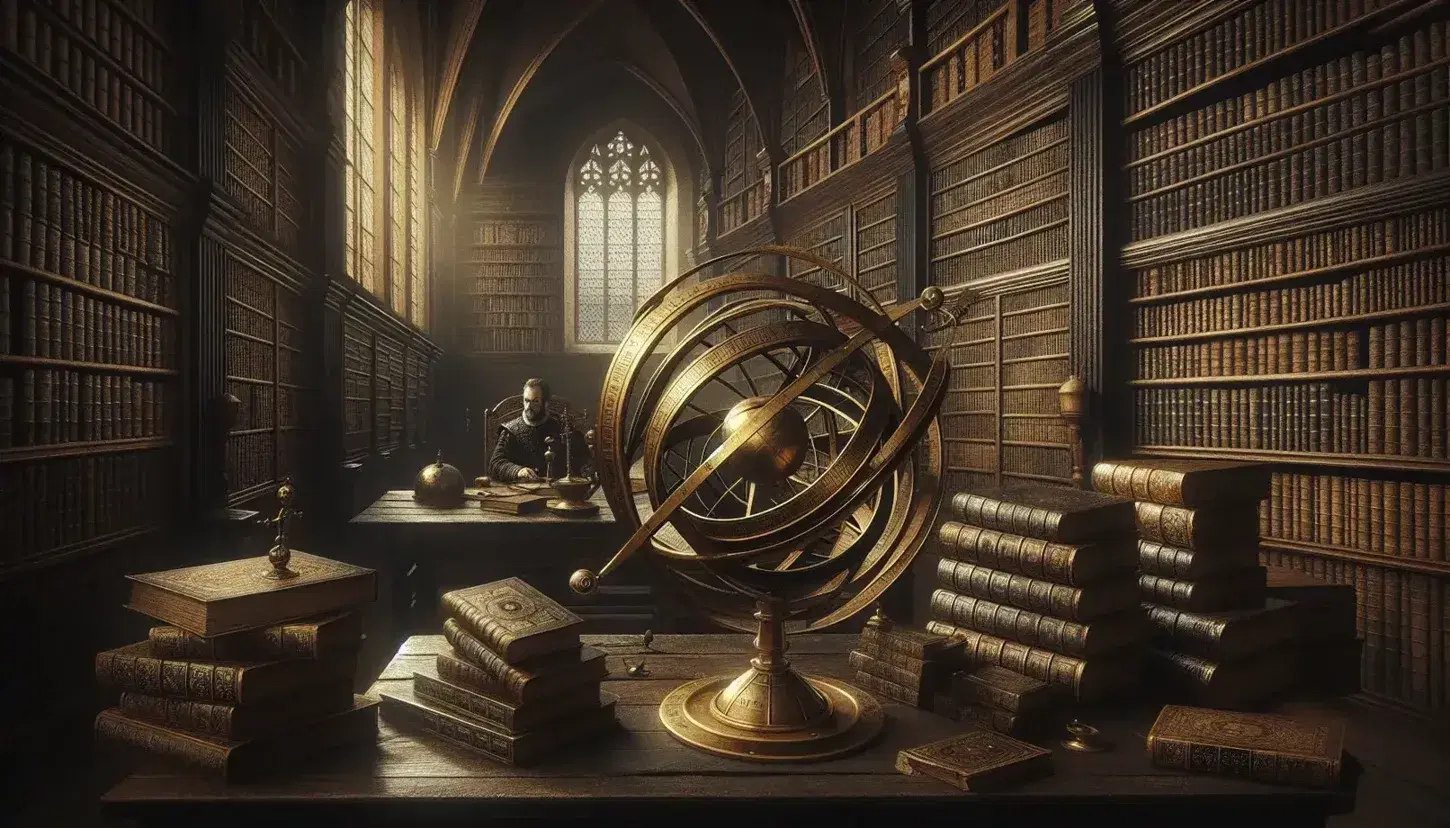 Biblioteca rinascimentale con uomo che legge, tavolo con globo e strumenti di navigazione, scaffali pieni di libri e tappeto decorato.