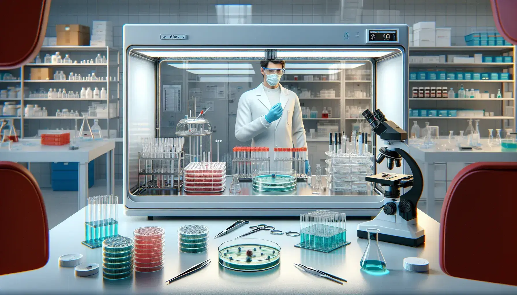 Laboratorio microbiologico con tecnico, cappa di sicurezza, provette, pipetta, piastre Petri e microscopio ottico.