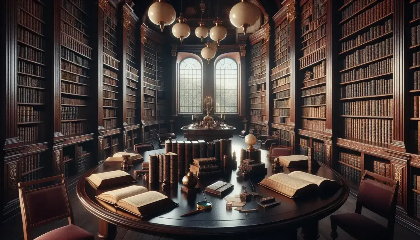 Biblioteca antica con scaffali in legno scuro pieni di libri rilegati, tavolo ovale, sedie in velluto rosso e oggetti d'epoca.