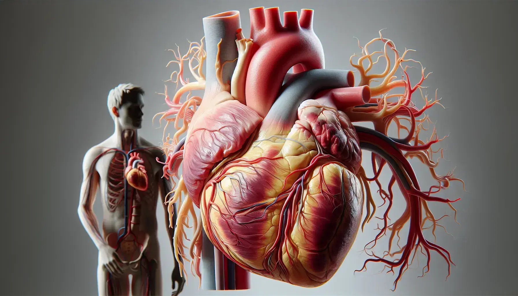 Corazón humano anatómico en colores naturales con pericardio translúcido y figura humana silueteada indicando auscultación, sobre fondo neutro.