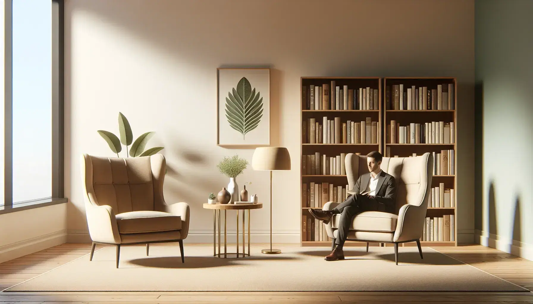 Sala de terapia acogedora con dos sillones beige frente a frente, uno ocupado por un profesional, mesa redonda con planta y estantería con libros.