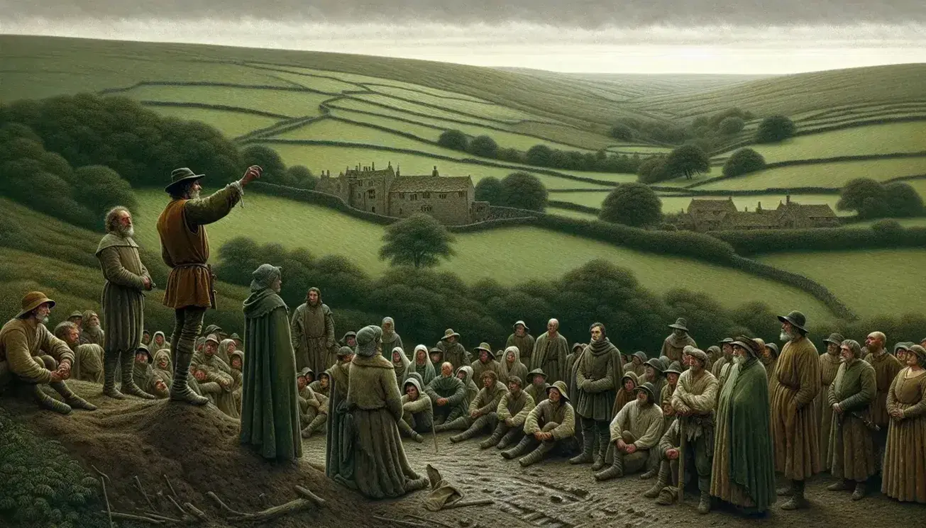 Medieval Yorkshire scene with peasants gathered, a leader addressing them, a manor house in the background, and approaching soldiers on a cloudy day.