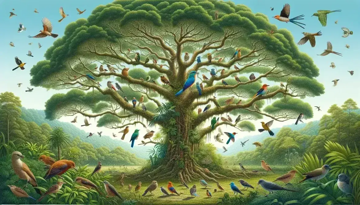 Albero rigoglioso con uccelli colorati sui rami, grandi volatili in alto, insetti e rettili tra le piante sottostanti, in una scena naturale illuminata dal sole.