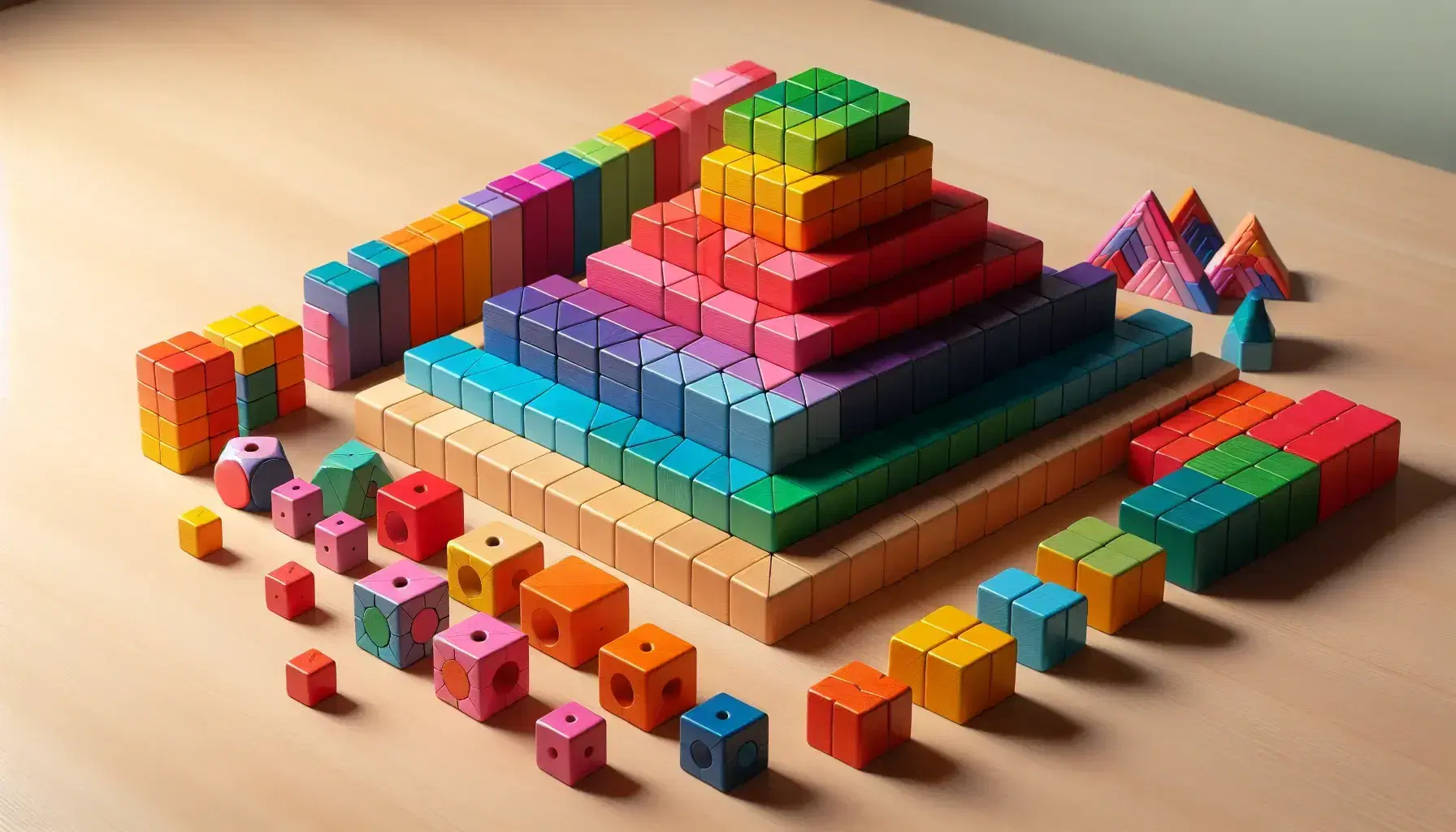 Colorful wooden blocks in geometric shapes on light table, with pyramid of green, red and blue cubes in the center and row of yellow cubes on the right.