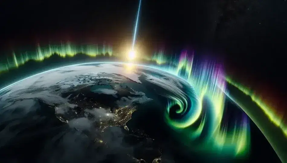 Space view of Earth with colorful Northern Lights in the upper atmosphere and glow from a solar flare on the left side.