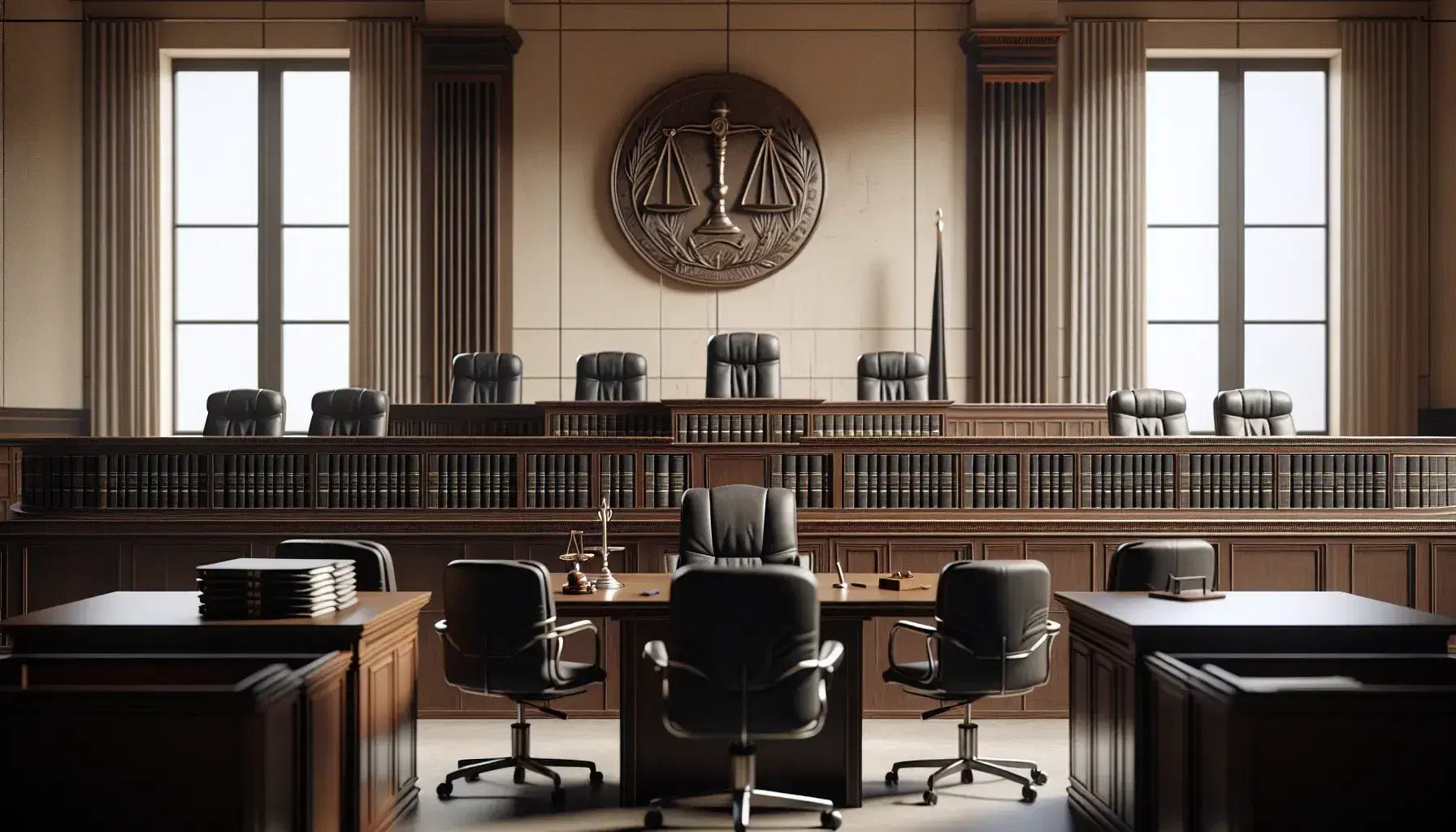 Aula di tribunale vuota con banco del giudice, sedie ergonomiche nere, scrivanie ordinate e simbolo della giustizia sul muro.
