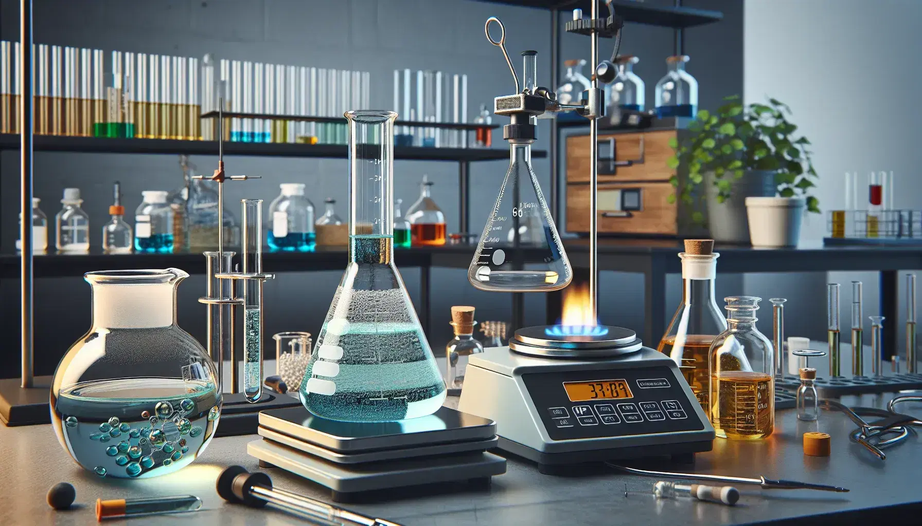 Laboratorio científico con matraz Erlenmeyer con líquido azul, mechero Bunsen encendido, tubo de ensayo con líquido incoloro, vaso con líquido amarillo, balanza digital y frascos en estantes.