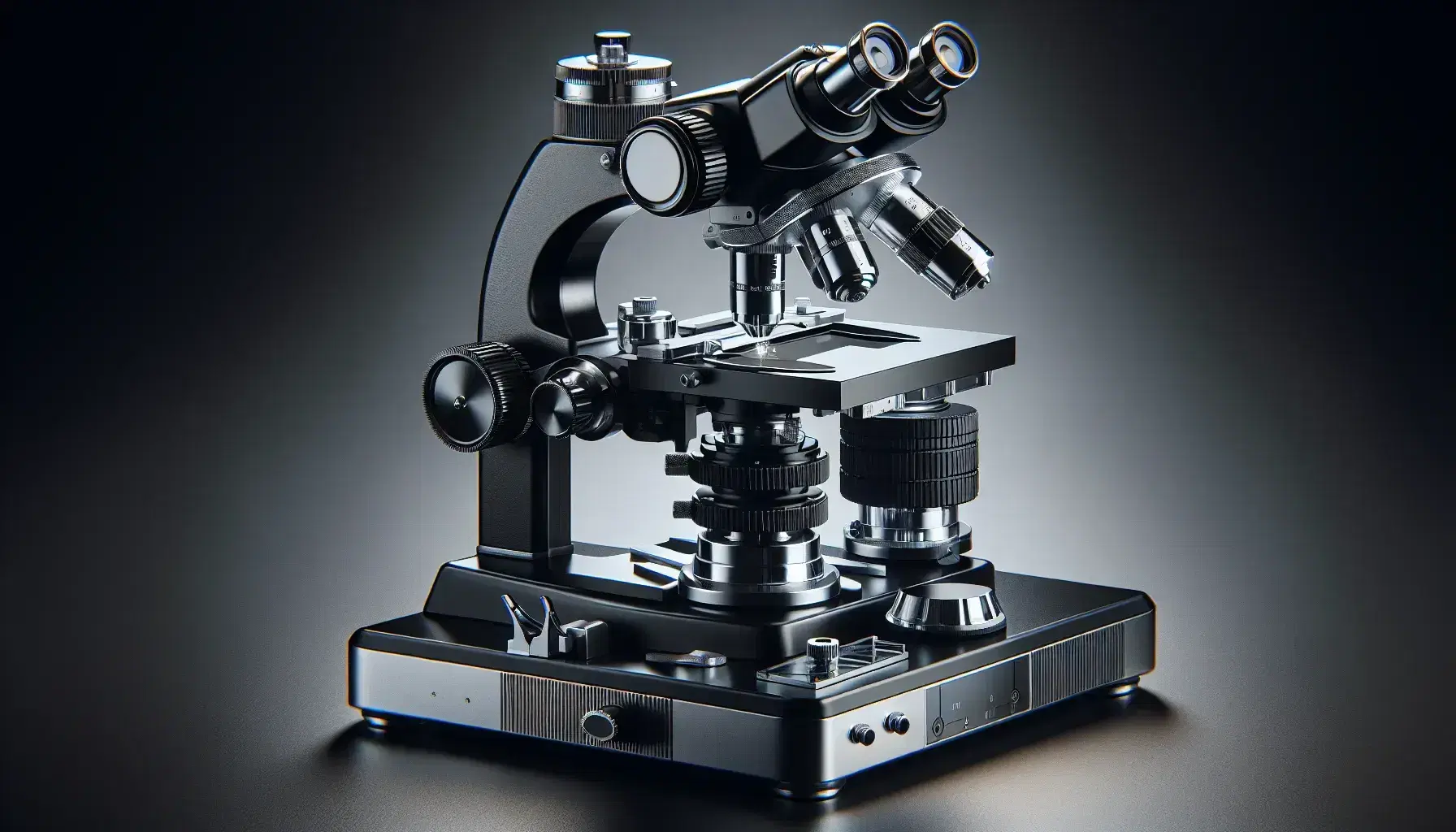 Microscopio óptico de laboratorio en negro y plata con base rectangular, brazo, tubo óptico con ocular, escenario con portaobjetos y objetivos cilíndricos.