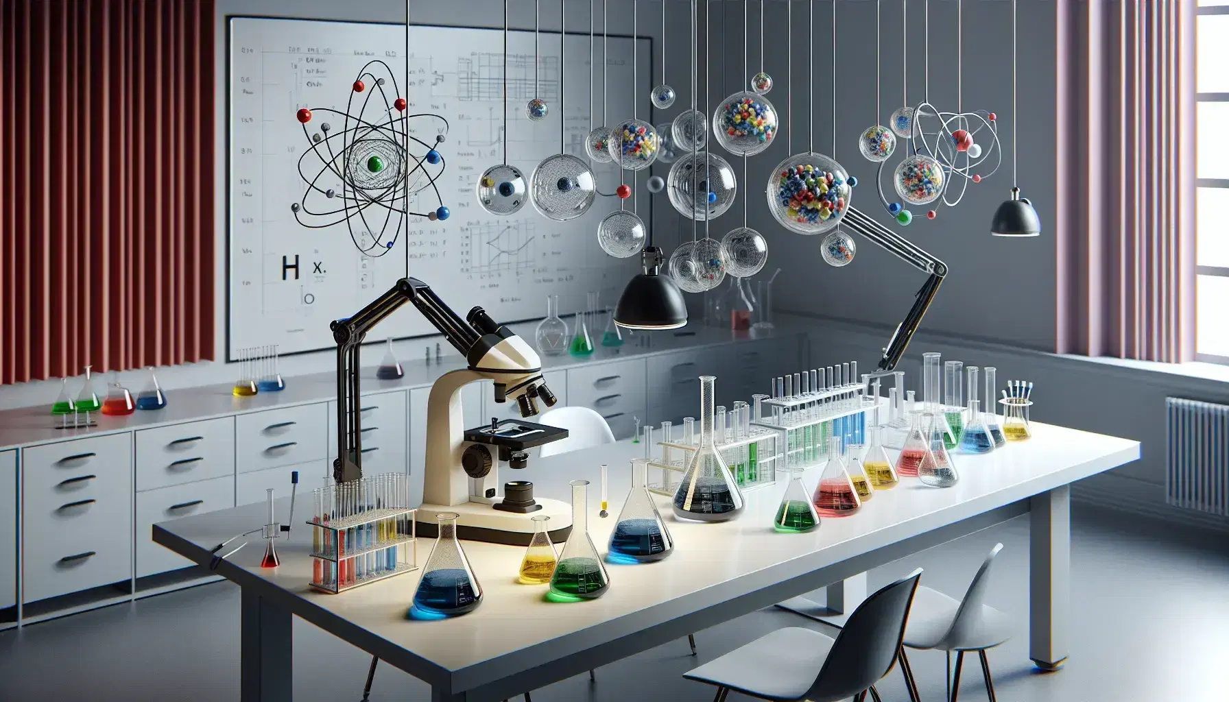 Laboratorio scientifico moderno con tavolo da lavoro, becher colorati, microscopio elettronico e modelli atomici tridimensionali sospesi.