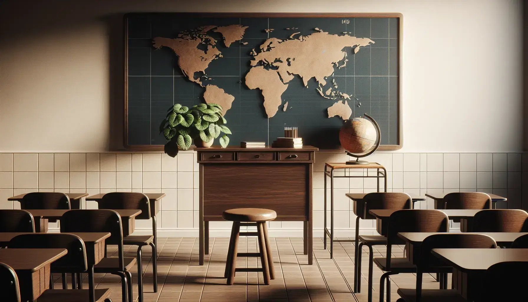 Serene classroom with a clean chalkboard, wooden teacher's desk, student desks in rows, a potted plant, globe, and checkered floor bathed in natural light.